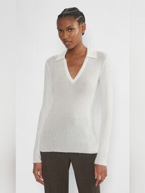 $55 NWT! Aritzia Light Birch Ivory Cream Collared Knit Polo Sweater Size S